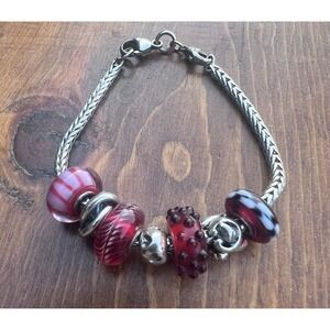 Trollbeads LAA 925‎ Sterling Silver Bracelet 3 Charms 4 Lampwork Glass Beads 7"